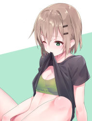 Rule 34 | 10s, 1girl, black shirt, blush, bottomless, bra, breasts, brown hair, cleavage, clothes in mouth, clothes lift, female masturbation, green bra, green eyes, hair between eyes, hair ornament, hairclip, konnyaku (kk-monmon), lifted by self, masturbation, mouth hold, out-of-frame censoring, shirt, shirt in mouth, shirt lift, short hair, short sleeves, small breasts, solo, sports bra, spread legs, sweat, underwear, yama no susume, yukimura aoi