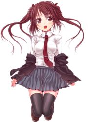 Rule 34 | 1girl, black thighhighs, blush, breasts, hiraga matsuri, hirasato, long hair, looking at viewer, medium breasts, necktie, open mouth, original, simple background, skirt, smile, solo, thighhighs, white background