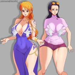Rule 34 | 2girls, absurdres, black hair, grabbing another&#039;s breast, breasts, cleavage, grabbing, highres, huge breasts, large breasts, long hair, multiple girls, musaed art, nami (one piece), nico robin, one piece, orange hair
