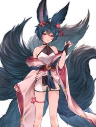 Rule 34 | 1girl, absurdres, animal ears, annno ans, barefoot, black gloves, blush, choker, closed mouth, collarbone, feet, fingerless gloves, fingernails, fox tail, gloves, granblue fantasy, green hair, hair ornament, highres, japanese clothes, kimono, looking at viewer, multiple tails, obi, off shoulder, pink kimono, sash, sharp fingernails, shirt, shorts, simple background, sleeveless, sleeveless shirt, smile, solo, standing, tail, thigh strap, white background, white shorts, wide sleeves, you (granblue fantasy)