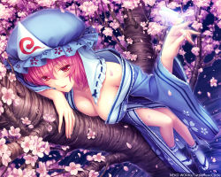 Rule 34 | 1girl, bad id, bare legs, bare shoulders, blush, bobby socks, breasts, bug, butterfly, butterfly on hand, cherry blossoms, cleavage, downblouse, female focus, fingernails, from above, hat, in tree, insect, japanese clothes, kimono, large breasts, legs, lying, nail art, nail polish, no bra, on stomach, open clothes, open kimono, open robe, petals, pink eyes, pink hair, robe, saigyouji yuyuko, sandals, sayori (neko works), short hair, smile, socks, solo, tabi, touhou, tree, triangular headpiece
