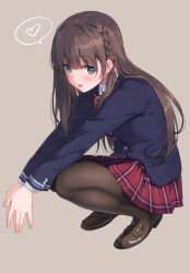 Rule 34 | 1girl, absurdres, blazer, blush, braid, breasts, brown footwear, buttons, full body, grey background, highres, jacket, loafers, long hair, long sleeves, looking at viewer, medium breasts, open mouth, own hands together, pantyhose, scan, school uniform, shiny clothes, shoes, simple background, skirt, solo, speech bubble, squatting, unasaka ryou