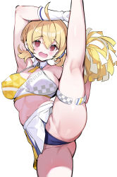 Rule 34 | 1girl, :o, @ @, absurdres, ahoge, ass, blonde hair, blue archive, blue panties, blush, breasts, cameltoe, cheerleader, cleavage, cleft of venus, feet out of frame, gloves, highres, kneepits, kotori (blue archive), kotori (cheer squad) (blue archive), large breasts, leg up, looking at viewer, miniskirt, navel, official alternate costume, panties, pleated skirt, pom pom (cheerleading), sideboob, simple background, skirt, solo, split, sports bra, standing, standing on one leg, standing split, stomach, tears, tunoko98, twintails, two-tone sports bra, underwear, white background, white gloves