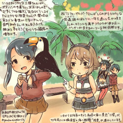Rule 34 | 4girls, bad proportions, belt, bench, bird, black eyes, black hair, brown hair, colorized, commentary request, dated, green eyes, own hands clasped, headgear, kantai collection, kirisawa juuzou, long hair, mikuma (kancolle), mogami (kancolle), multiple girls, mutsu (kancolle), nagato (kancolle), neckerchief, own hands together, palm tree, revision, school uniform, serafuku, short hair, shorts, straight hair, toucan, translation request, tree, twintails, twitter username, aged down
