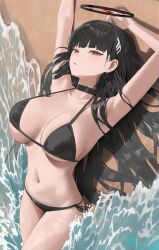 Rule 34 | 1girl, armpits, arms up, beach, bikini, black bikini, black choker, black hair, blue archive, blush, breasts, choker, cleavage, collarbone, hair ornament, halo, highres, hood (james x), large breasts, lying, navel, on back, parted lips, red eyes, rio (blue archive), side-tie bikini bottom, solo, stomach, swimsuit, thighs, water