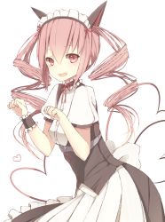 Rule 34 | 1girl, akiha rumiho, animal ears, apron, bad id, bad pixiv id, cat ears, cat girl, drill hair, fang, faris nyannyan, female focus, long hair, maid, maid apron, maid headdress, meet neet, open mouth, paw pose, pink eyes, pink hair, simple background, solo, steins;gate, twintails, white background, wrist cuffs