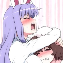 Rule 34 | 2girls, animal ears, blush, breast smother, breasts, brown hair, clenched teeth, commentary request, crying, face to breasts, gradient background, hug, inaba tewi, large breasts, long hair, multiple girls, one eye closed, open mouth, purple hair, rabbit ears, reisen udongein inaba, shirosato, short hair, striped, striped background, sweat, teeth, touhou, yuri