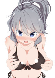 Rule 34 | 1girl, absurdres, angry, bikini, black bikini, blue eyes, blush, breast hold, breasts, female focus, from above, full-face blush, grey hair, highres, large breasts, long hair, looking at viewer, looking up, mononobe no futo, navel, nekoro (nekokabuto), no headwear, no headwear, open mouth, panties, ponytail, simple background, solo, swimsuit, touhou, underwear, white background