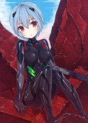 Rule 34 | 10s, 1girl, ayanami rei, black bodysuit, blue hair, blush, bodysuit, breasts, cloud, evangelion: 3.0 you can (not) redo, expressionless, hair ornament, legs together, looking at viewer, medium breasts, neon genesis evangelion, plugsuit, rebuild of evangelion, red eyes, rubble, ruins, shiny clothes, short hair, sitting, siva (executor), sky, solo