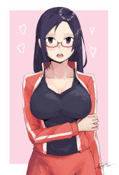 Rule 34 | 10s, 1girl, black hair, blush, blush stickers, breasts, cleavage, demi-chan wa kataritai, genocide06, glasses, hair down, heart, highres, jacket, large breasts, long hair, looking at viewer, open clothes, open jacket, open mouth, purple eyes, satou sakie, solo, tank top, track suit, upper body
