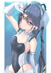 Rule 34 | 1girl, absurdres, aqua hat, black hair, black one-piece swimsuit, blush, candy, clothes writing, collarbone, competition swimsuit, food, garrison cap, gloves, grey eyes, hair between eyes, hair ornament, hat, headgear, highres, holding, holding candy, holding food, kantai collection, long hair, one-piece swimsuit, scamp (kancolle), side ponytail, solo, star (symbol), star hair ornament, sukimizaki, swimsuit, twitter username, upper body, white gloves