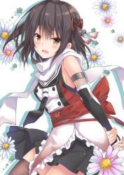 Rule 34 | 10s, 1girl, black hair, black skirt, black thighhighs, breasts, brown eyes, detached sleeves, flower, hair ornament, kantai collection, looking at viewer, medium breasts, open mouth, pleated skirt, scarf, sendai (kancolle), sendai kai ni (kancolle), sideboob, skirt, solo, takanashi haruto, thighhighs, white scarf