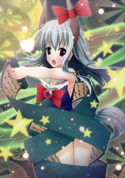 Rule 34 | 1girl, breasts, ex-keine, fangs, heart, highres, horn ornament, horn ribbon, horns, kamishirasawa keine, leotard, long hair, md5 mismatch, open mouth, red eyes, resolution mismatch, ribbon, sailor senshi, scroll, silver hair, sleeveless, solo, source larger, star (symbol), tail, touhou, transformation, wheel