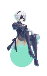 Rule 34 | 1girl, azukimomonaka, black blindfold, black dress, black gloves, blindfold, boots, breasts, cleavage, closed mouth, dress, elbow gloves, full body, gloves, hair between eyes, headband, invisible chair, leotard, long sleeves, nier:automata, nier (series), short hair, simple background, sitting, solo, thigh boots, thighhighs, white background, white hair, 2b (nier:automata)