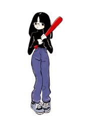 Rule 34 | 1girl, baseball bat, black eyes, black hair, black sweater, blue footwear, blue pants, frown, glasses, hanni (newjeans), highres, holding, holding baseball bat, iwashi iwashimo, long hair, looking at viewer, newjeans, pants, parted bangs, real life, shoes, simple background, sneakers, sweater, turtleneck, turtleneck sweater, white background
