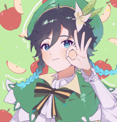 Rule 34 | 1boy, androgynous, apple, apple slice, beret, black hair, blue hair, blush, bow, braid, closed mouth, collared cape, collared shirt, commentary, english commentary, flower, food, frilled sleeves, frills, fruit, genshin impact, gradient hair, green background, green eyes, green hat, hair flower, hair ornament, hand on own cheek, hand on own face, hat, highres, kkopoli, leaf, long sleeves, looking at viewer, male focus, multicolored hair, shirt, short hair with long locks, side braids, sidelocks, solo, twin braids, venti (genshin impact), white flower, white shirt