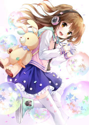 Rule 34 | 1girl, :d, animal print, backpack, bad id, bad pixiv id, bag, balloon, blue skirt, blush, brown eyes, brown hair, camera, confetti, from side, headphones, higeneko, holding, holding camera, hood, hood down, hooded jacket, jacket, jewelry, leg up, long sleeves, necklace, open clothes, open jacket, open mouth, original, rabbit print, shoes, skirt, smile, sneakers, solo, star (symbol), stuffed animal, stuffed rabbit, stuffed toy, thighhighs, two side up, white background, white thighhighs
