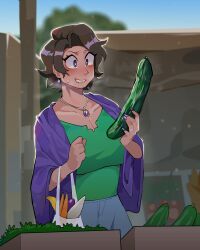 Rule 34 | 1girl, absurdres, bag, blush, cardigan, commentary, cucumber, dark-skinned female, dark skin, diforland, earrings, english commentary, food, gene (diforland), green shirt, heart, heart-shaped pupils, highres, holding, holding food, holding vegetable, jewelry, mature female, necklace, original, phallic symbol, purple eyes, sexually suggestive, shirt, short hair, symbol-shaped pupils, vegetable