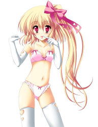 Rule 34 | 1girl, :p, bare shoulders, blonde hair, bow, bra, elbow gloves, female focus, flandre scarlet, frilled panties, frills, gloves, hair bow, heart, kamiya tomoe, lingerie, long hair, panties, pink bra, pink eyes, pink panties, ponytail, short hair with long locks, side ponytail, skindentation, solo, thighhighs, tongue, tongue out, touhou, underwear, underwear only, very long hair, white thighhighs