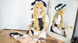 Rule 34 | 1girl, apron, black dress, black footwear, blonde hair, bow, braid, broom, cosplay, dress, dress shirt, female focus, hat, holding, holding broom, indoors, kirisame marisa, kirisame marisa (cosplay), lana rain, long hair, open mouth, photo (medium), puffy short sleeves, puffy sleeves, ribbon, self-upload, shirt, shoes, short sleeves, skirt, skirt set, solo, touhou, vest, waist apron, white bow, white shirt, witch, witch hat