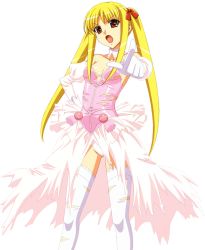 Rule 34 | 15 bishoujo hyouryuuki, 1girl, blonde hair, detached collar, detached sleeves, dress, espresso sabatini, hair ribbon, hand on own hip, highres, long hair, looking at viewer, open mouth, panties, pointing, red eyes, ribbon, solo, standing, thighhighs, torn clothes, torn thighhighs, transparent background, twintails, underwear, white background, white panties, white thighhighs