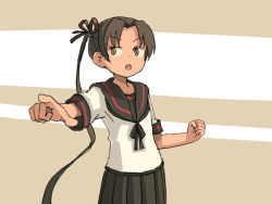 Rule 34 | 1girl, ayanami (kancolle), ayanami kai ni (kancolle), black neckerchief, black sailor collar, black skirt, brown eyes, brown hair, commentary, cowboy shot, english commentary, foreshortening, kantai collection, long hair, neckerchief, one-hour drawing challenge, pleated skirt, pointing, sailor collar, school uniform, serafuku, side ponytail, sixten, skirt, solo