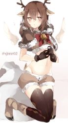Rule 34 | 10s, 1girl, alternate costume, animal ears, antlers, bad id, bad twitter id, bell, black gloves, black thighhighs, blush, brown eyes, brown hair, cape, deer ears, deer tail, fur trim, gloves, hood, horns, kantai collection, kneeling, midriff, navel, own hands together, sandals, shijima (sjmr02), short hair, shorts, simple background, solo, taihou (kancolle), tail, thighhighs, twitter username, white background, wings