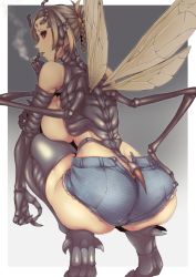 Rule 34 | 1girl, animal ears, antennae, arthropod girl, ass, bare shoulders, blush, braid, breasts, brown eyes, brown hair, brown sclera, carapace, cigarette, colored sclera, denim, denim shorts, earrings, folded ponytail, from behind, gradient background, grey background, highres, holding, holding cigarette, huge breasts, jewelry, looking at viewer, looking back, monster girl, nakamura regura, original, short shorts, shorts, smoke, smoking, solo, squatting, tail, wings