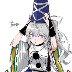 Rule 34 | 1girl, :/, ast.rockett, black nails, blue eyes, blue hat, bridal gauntlets, hair between eyes, hands up, hat, hat ribbon, highres, japanese clothes, kariginu, long hair, looking at viewer, mononobe no futo, nail polish, parted lips, pom pom (clothes), ponytail, ribbon, silver hair, simple background, solo, sweat, tate eboshi, touhou, turtleneck, upper body, very long hair, white background, white ribbon, wide sleeves