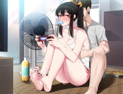 Rule 34 | 1boy, 1girl, :d, akchu, ass, bare shoulders, barefoot, black hair, black nails, blush, bottle, breasts, chobi (akchu), cleavage, controller, couch, electric fan, feet, food, game controller, groping, hair between eyes, highres, large breasts, long hair, nail polish, open mouth, original, playstation controller, ponytail, popsicle, red eyes, shorts, sitting, smile, soles, sweat, tank top, television, toenail polish, toenails, toes