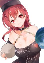 Rule 34 | 1girl, amamitsu kousuke, bad id, bad twitter id, bare shoulders, black shirt, blush, breasts, carrying, carrying under arm, chain, cleavage, clothes writing, collar, collarbone, earth (ornament), english text, heart, hecatia lapislazuli, highres, large breasts, long hair, looking at viewer, moon (ornament), off-shoulder shirt, off shoulder, one-hour drawing challenge, red eyes, red hair, shirt, smile, solo, t-shirt, touhou, upper body