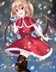 1girl belt belt_buckle black_thighhighs blonde_hair brown_belt buckle capelet dress flandre_scarlet hair_between_eyes happy highres medium_hair multicolored_wings no_headwear one_side_up open_mouth outdoors red_capelet red_eyes ryoo_0526 santa_dress snow snowstorm solo thighhighs touhou wings zettai_ryouiki