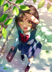 Rule 34 | 1girl, :d, arm up, belt, blush, bow, bowtie, briefcase, brown footwear, brown hair, commentary request, dappled sunlight, dress, eyelashes, fingernails, from above, hair ornament, hairclip, highres, holding, holding briefcase, leaf, long sleeves, looking up, open mouth, original, petals, pinafore dress, red bow, red bowtie, school briefcase, shoes, sleeveless, sleeveless dress, smile, soil, solo, sunlight, tongue, wedo, yellow eyes
