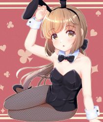 Rule 34 | 1girl, animal ears, black footwear, black leotard, bow, bowtie, breasts, brown eyes, brown hair, clover print, collarbone, detached collar, fake animal ears, fishnet pantyhose, fishnets, gem (symbol), hair bow, heart, heart print, high heels, idolmaster, idolmaster cinderella girls, leotard, long hair, looking at viewer, low ponytail, mouchi (mouchimochi), open mouth, pantyhose, playboy bunny, rabbit ears, red background, sitting, small breasts, solo, spade (shape), strapless, strapless leotard, very long hair, wrist cuffs, yorita yoshino