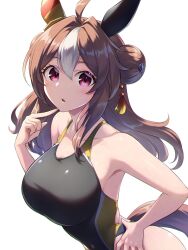 Rule 34 | 1girl, ahoge, animal ears, armpits, black one-piece swimsuit, blush, breasts, brown hair, collarbone, competition swimsuit, copano rickey (umamusume), double bun, ear covers, hair between eyes, hair bun, hair ornament, highres, horse ears, horse girl, horse tail, looking at viewer, medium breasts, multicolored hair, one-piece swimsuit, pataneet, pointing, pointing at self, red eyes, simple background, solo, streaked hair, swimsuit, tail, umamusume, white background, white hair