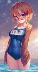 Rule 34 | 1girl, blue eyes, blue one-piece swimsuit, blush, bokutachi wa benkyou ga dekinai, bow, breasts, brown jacket, cowboy shot, frown, glasses, hair between eyes, hair bow, hair ornament, jacket, looking at viewer, medium breasts, ogata rizu, one-piece swimsuit, red-framed eyewear, red bow, rotix, school swimsuit, shaded face, short hair, solo, swimsuit, translation request, water, wet, wet clothes, wet hair