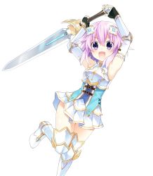 Rule 34 | 1girl, absurdres, armor, armored boots, armpits, arms up, bare shoulders, boots, breastplate, elbow gloves, fingerless gloves, four goddesses online: cyber dimension neptune, gauntlets, gloves, greaves, hair ornament, highres, holding, holding weapon, leg up, looking at viewer, neptune (neptunia), neptune (series), official art, open mouth, pleated skirt, purple eyes, purple hair, short hair, skirt, sleeveless, smile, sword, thighhighs, transparent background, tsunako, weapon, zettai ryouiki