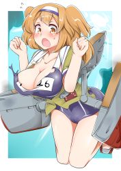 Rule 34 | 10s, 1girl, aoi renji, breasts, brown eyes, cleavage, clothes writing, flying sweatdrops, hairband, highres, i-26 (kancolle), kantai collection, large breasts, light brown hair, long hair, mecha musume, name tag, new school swimsuit, one-piece swimsuit, open mouth, school swimsuit, solo, swimsuit, swimsuit under clothes, torn clothes, two-tone hairband