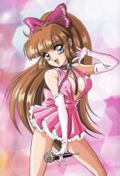 Rule 34 | 1980s (style), absurdres, breasts, brown hair, cleavage, dress, covered erect nipples, highres, idol, looking at viewer, microphone, miniskirt, mon-mon (miyazaki kenjin), official art, retro artstyle, retro artstyle, ribbon, skirt