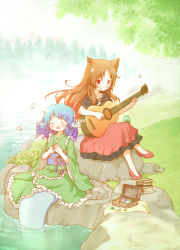 Rule 34 | 2girls, animal ears, arinu, bird, blue hair, blush, book, book stack, brown hair, bug, butterfly, closed eyes, crossed legs, drill hair, fins, green kimono, guitar, hands on own chest, head fins, highres, imaizumi kagerou, insect, instrument, japanese clothes, jewelry box, kimono, long hair, mermaid, monster girl, multiple girls, music, obi, open mouth, partially submerged, red eyes, red footwear, red skirt, rock, sash, shoes, singing, sitting, sitting on rock, skirt, smile, stone, touhou, wakasagihime, water, wolf ears