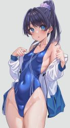 Rule 34 | 1girl, absurdres, black hair, blue eyes, blue one-piece swimsuit, blush, breasts, commentary, competition swimsuit, covered navel, cowboy shot, hair ornament, hair scrunchie, highleg, highleg swimsuit, highres, impossible clothes, impossible swimsuit, jacket, link! like! love live!, love live!, murano sayaka, off-shoulder jacket, off shoulder, one-piece swimsuit, open clothes, open jacket, ponytail, scrunchie, simple background, small breasts, swimsuit, zibun owl