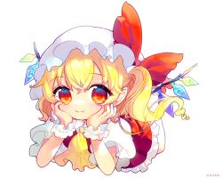 Rule 34 | 1girl, artist name, ascot, blonde hair, bow, closed mouth, collared shirt, commentary, crossed bangs, crystal, eyes visible through hair, fang, flandre scarlet, frilled sleeves, frills, full body, hands on own cheeks, hands on own face, hat, hat bow, head rest, hinasumire, light blush, looking at viewer, lying, mary janes, medium hair, mob cap, on stomach, one side up, petticoat, pointy ears, puffy short sleeves, puffy sleeves, red bow, red skirt, red socks, red vest, shirt, shoes, short sleeves, simple background, skin fang, skirt, skirt set, smile, socks, solo, touhou, vest, watermark, white background, white hat, white shirt, white socks, wing collar, wings, wrist cuffs, yellow ascot