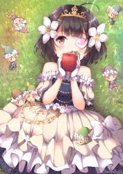 Rule 34 | 1girl, 6+boys, :o, ahoge, black hair, blush, bow, brown eyes, chain, day, dress, earrings, eyepatch, flower, food, frilled dress, frills, fruit, gloves, grass, hair flower, hair ornament, hat, holding, holding food, holding fruit, jewelry, lens flare, lolita fashion, looking at viewer, lying, mini person, miniboy, multiple boys, niwasane (saneatsu03), off-shoulder dress, off shoulder, on back, on grass, on ground, outdoors, short hair, short sleeves, snow white, snow white (grimm), tiara, twitter username, white bow, white flower, white gloves, | |