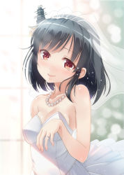 Rule 34 | 10s, 1girl, alternate costume, black hair, breasts, cleavage, dress, hair ornament, head tilt, hyuuga azuri, jewelry, kantai collection, looking at viewer, necklace, red eyes, ring, short hair, solo, tears, veil, wedding band, wedding dress, yamashiro (kancolle)
