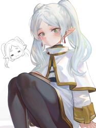 Rule 34 | 1girl, :d, = =, black pantyhose, book, capelet, chibi, chibi inset, closed mouth, commentary request, dokomon, earrings, elf, eyebrows hidden by hair, feet out of frame, frieren, green eyes, grey hair, hand up, highres, jewelry, korean commentary, long hair, long sleeves, looking at viewer, multiple views, open mouth, pantyhose, parted bangs, pointy ears, shirt, short eyebrows, simple background, sitting, skirt, smile, sousou no frieren, striped clothes, striped shirt, thick eyebrows, twintails, white background, white capelet, white skirt