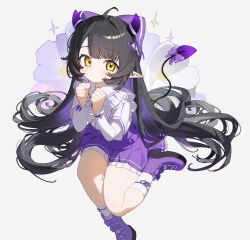 Rule 34 | 1girl, ahoge, black hair, blush, boots, bow, closed mouth, demon horns, demon tail, flower, frills, full body, hair bow, hands up, highres, horns, long hair, long sleeves, looking at viewer, mosou keito, original, pleated skirt, pointy ears, purple bow, purple footwear, purple skirt, shirt, sitting, skirt, socks, solo, tail, tail ornament, very long hair, white background, white shirt, white socks, yellow eyes