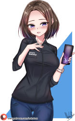 Rule 34 | 1girl, black shirt, blue eyes, blue pants, blush, breasts, brown hair, cellphone, ear piercing, highres, holding, holding phone, looking at viewer, nekobox, open mouth, pants, phone, piercing, samsung, samsung sam, shirt, smartphone, smile, solo, standing, thigh gap