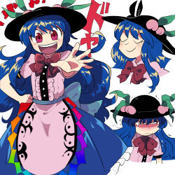 Rule 34 | 1girl, apron, black headwear, blue hair, blue ribbon, blue skirt, blush, clenched hand, food, frilled shirt, frilled skirt, frills, fruit, furukawa (yomawari), hair between eyes, hand on own hip, hat, highres, hinanawi tenshi, long hair, looking at viewer, neck ribbon, nose blush, peach, peach hat ornament, puffy short sleeves, puffy sleeves, red eyes, red ribbon, ribbon, shirt, short sleeves, simple background, skirt, smile, smug, tears, teeth, tongue, touhou, upper teeth only, very long hair, white apron, white background, white shirt