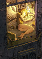 Rule 34 | 1girl, air conditioner, angel, angel wings, barefoot, bed, blonde hair, book, boombox, english text, engrish text, expressionless, face, feathered wings, feet, halo, highres, inukoko, lying, mundane utility, no pants, on bed, on side, open book, original, panties, radiator, ranguage, shirt, short hair, short sleeves, snorkel, solo, t-shirt, underwear, white wings, window, wings