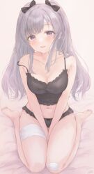 Rule 34 | 1girl, arms between legs, bandaged leg, bandages, bandaid, bandaid on face, bandaid on knee, bandaid on leg, barefoot, bed sheet, black camisole, black pantyhose, blush, bow, breasts, camisole, cleavage, collarbone, crop top, gameso, grey hair, hair bow, head tilt, highres, idolmaster, idolmaster shiny colors, long hair, looking at viewer, medium breasts, navel, own hands together, pantyhose, purple eyes, sitting, smile, soles, solo, strap slip, twintails, underwear, underwear only, very long hair, wariza, yukoku kiriko